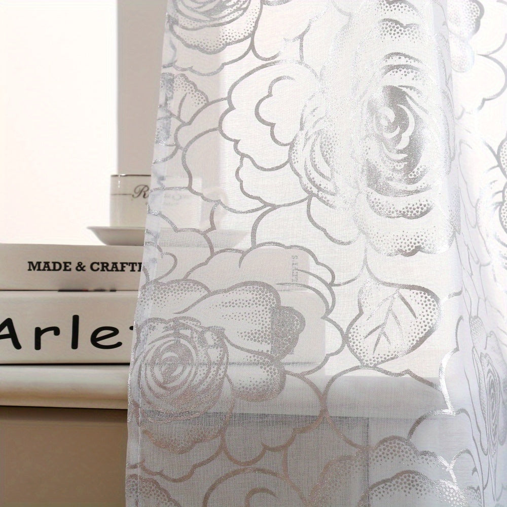 4 Panels Transparent Snow Voile Curtains Silvery Foil Printed Roses Design Living Room Bedroom Set of 4 Room Decor Home Decor