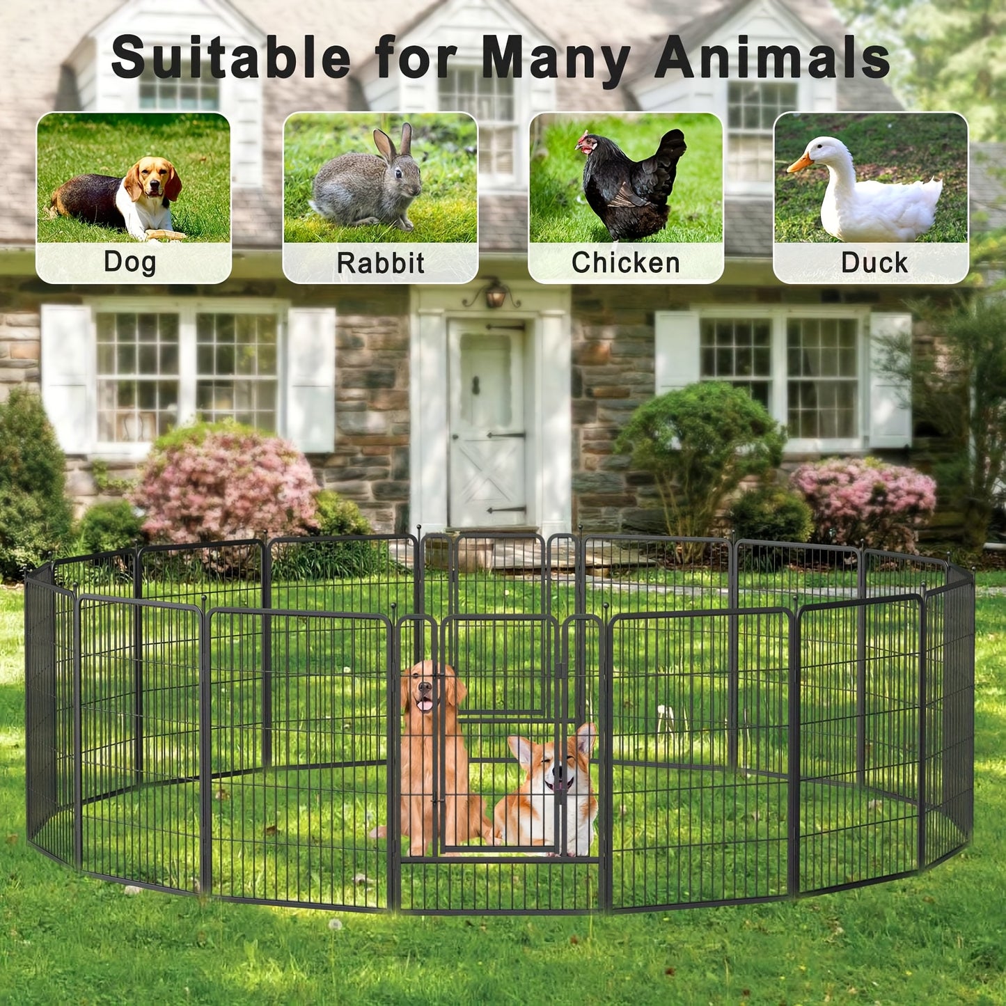 Heavy Duty 16 Panel Metal Dog Fence for Large Medium and Small Dogs Indoor and Outdoor Black with 2 Doors Portable Yard Garden and RV Exercise Pen