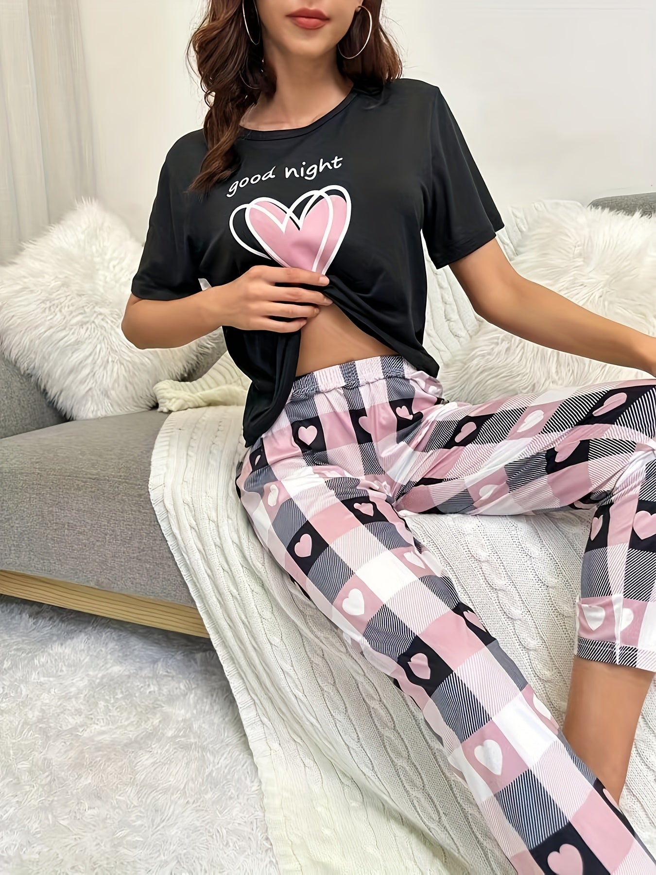 Women's 2pcs Heart & Letter Print Pajama Set for All Seasons