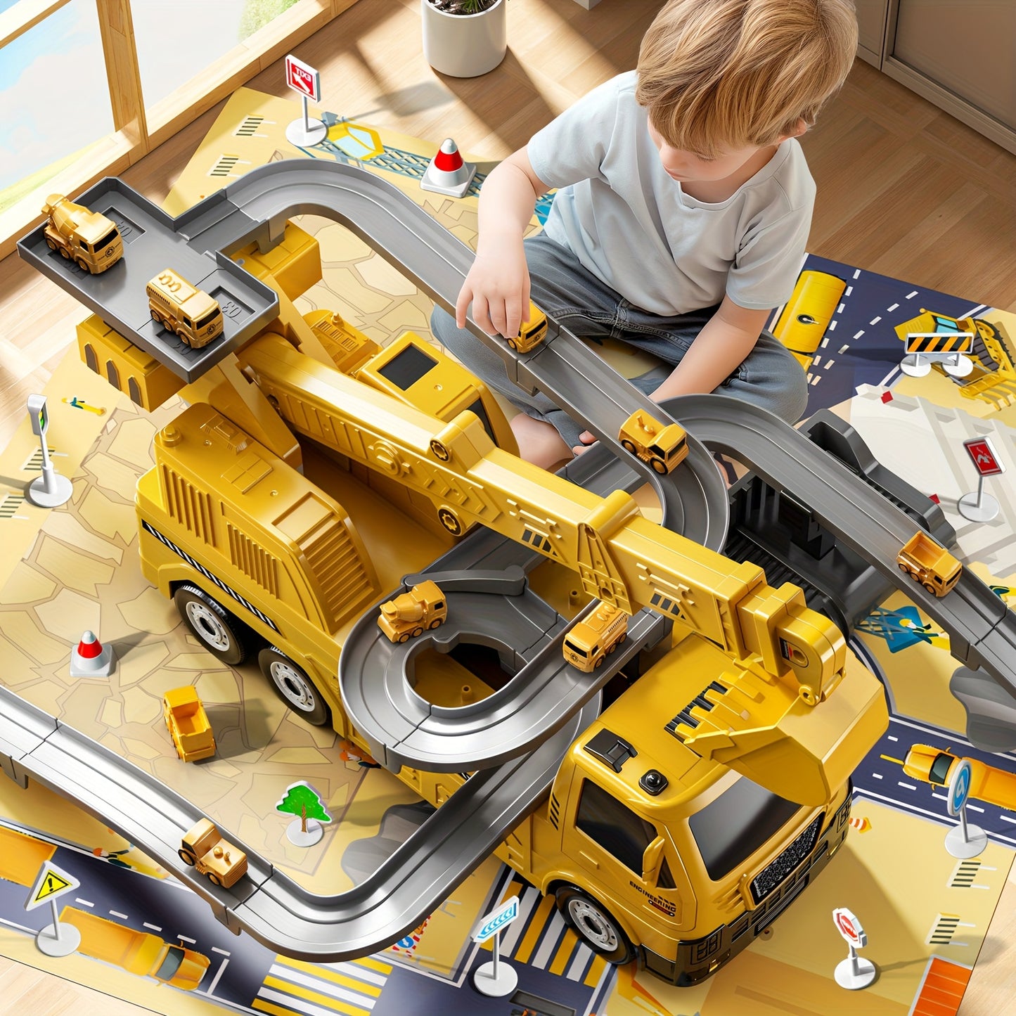 Babyhome Crane Excavator Toy with Cars Race Track Play Set for Boys Age 3 to 7 Construction Vehicle with Light and Sound Birthday Christmas Easter Gifts