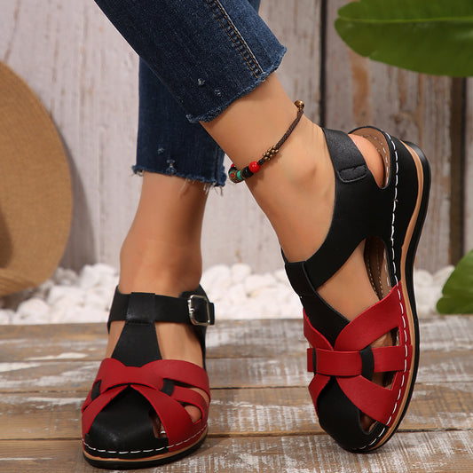 Women'S Summer Platform Sandals with Thick Sole and Adjustable Strap - Comfortable Red and Black Casual Footwear