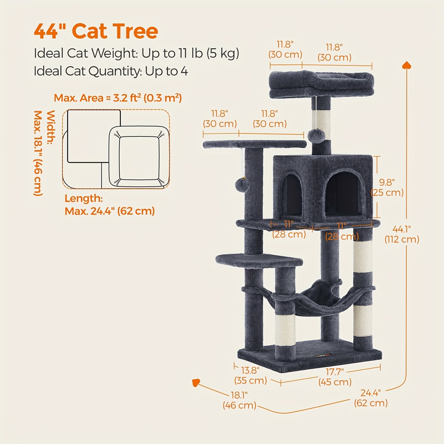 Feandrea Cat Tree 44/66.1in Large Plush Condo for Cats