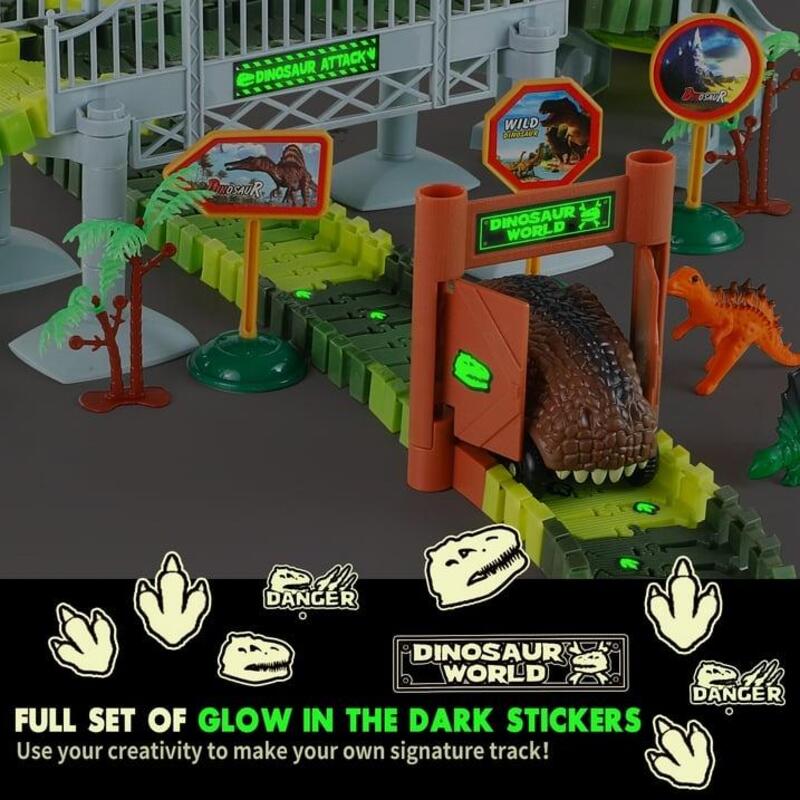 Dinosaur Toys Race Car Track with Glow-in-the-Dark Stickers