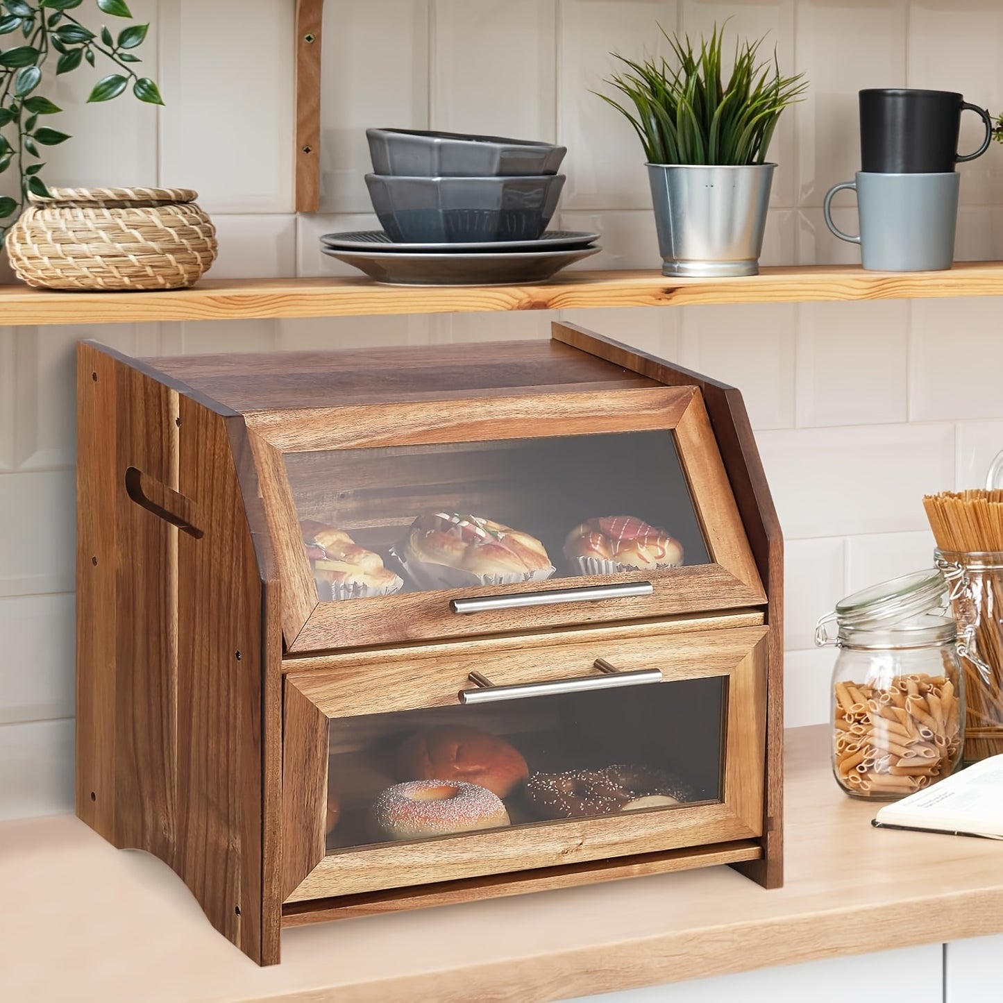 2 Layer Bread Box, Large Bread Bin With Clear Door Panels, Brown