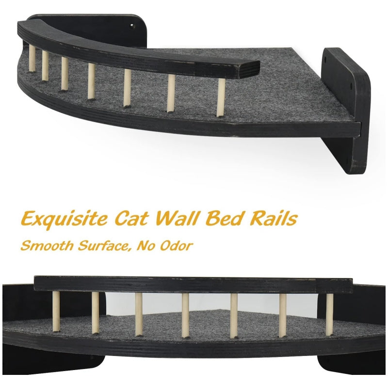 5pcs Wall Mounted Cat Rack with 4 Steps and Felt Padded Wooden Cat Bed Hammock in Black White and Wood