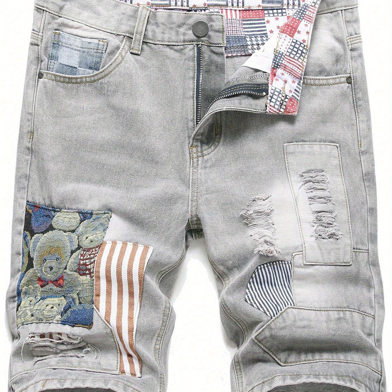 Men's Summer Casual Ripped Denim Shorts with Bear Motif and Patchwork Design Loose Fit Mid-Length Lightweight Denim Shorts with Multiple Pockets