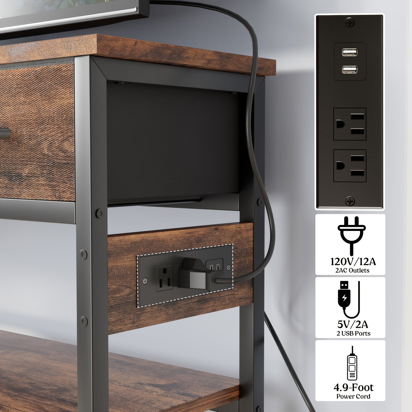 AOWOS 3-Tier Console Table with Charging Station Rustic Modern Narrow Sofa Table with Adjustable Feet and Breathable Fabric Drawers Hardwood Entryway Organizer for Hallway and Living