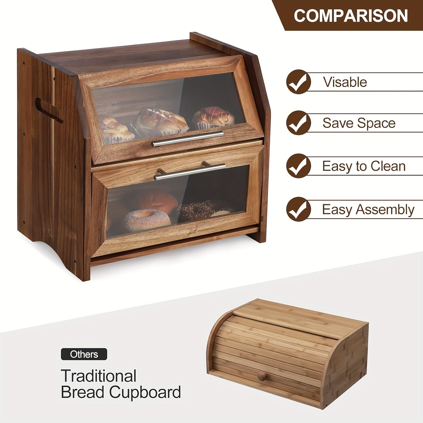 2 Layer Bread Box, Large Bread Bin With Clear Door Panels, Brown