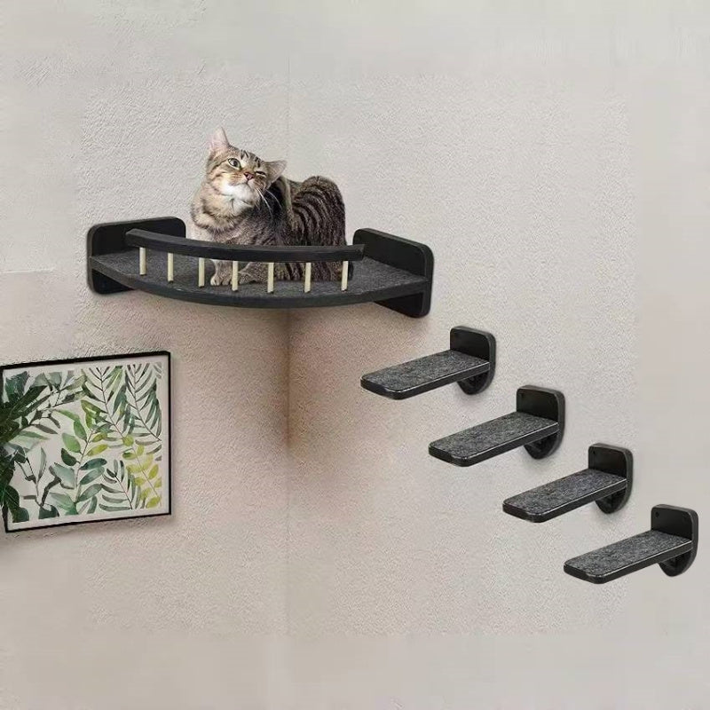 5pcs Wall Mounted Cat Rack with 4 Steps and Felt Padded Wooden Cat Bed Hammock in Black White and Wood