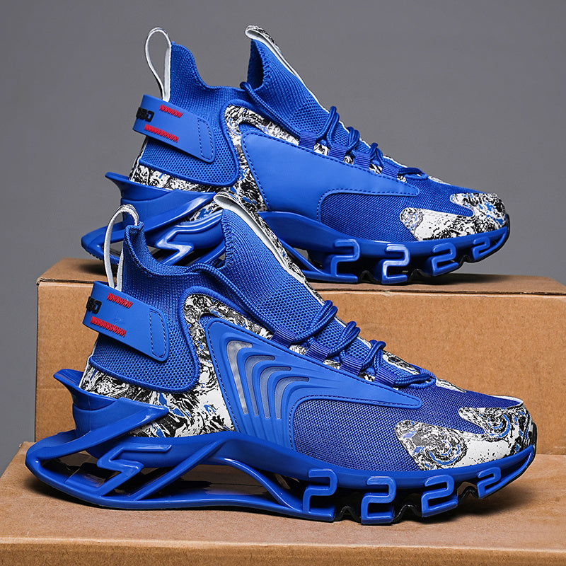 Men's Fashion Athletic Sneakers - Blue with White & Red Accents, Breathable Fabric Lining, Rubber Sole, Round Toe, Plus Size Available
