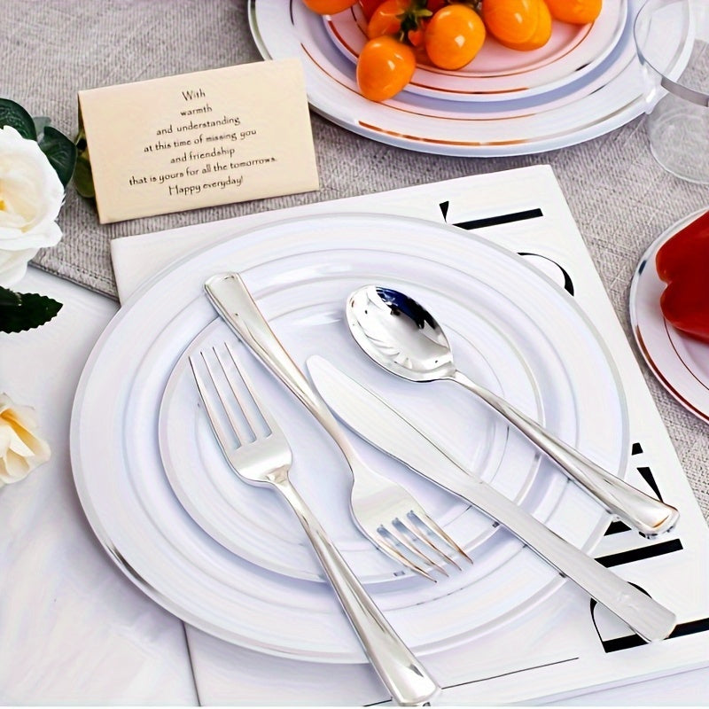 A Set Of Silvery Disposable Tableware For Weddings And Parties