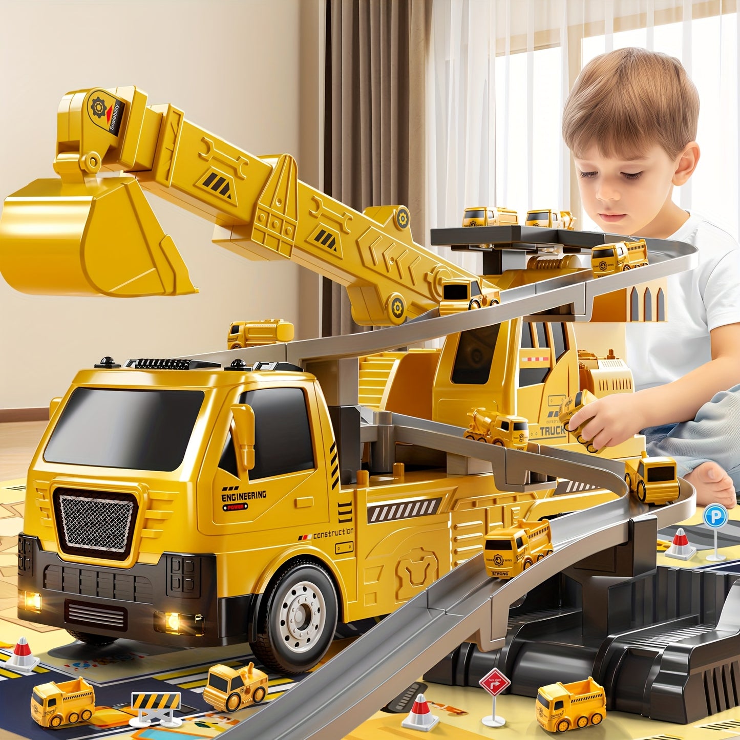 Babyhome Crane Excavator Toy with Cars Race Track Play Set for Boys Age 3 to 7 Construction Vehicle with Light and Sound Birthday Christmas Easter Gifts