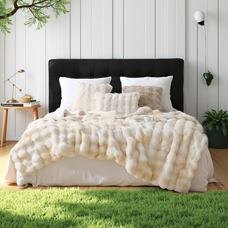 1pc Bohemian Style Reversible Faux Rabbit Fur Blanket