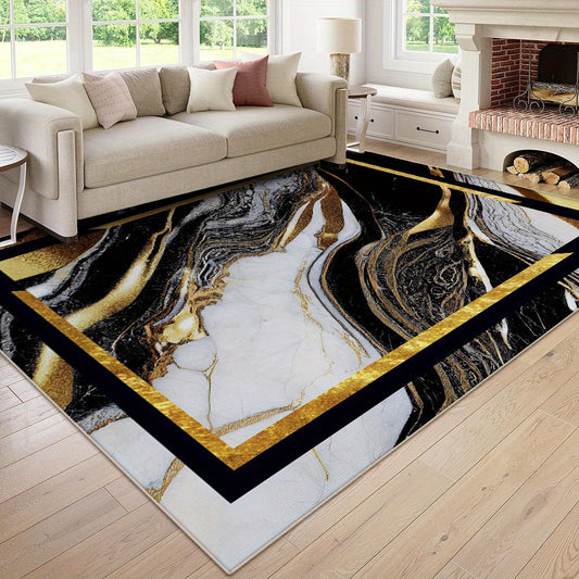 Luxury Retro Abstract Geometric Crystal Mat Non Slip Machine Washable Soft Polyester Indoor Mat with Rubber Backing Black and Golden Design for Living Room Bedroom Large Sizes Available