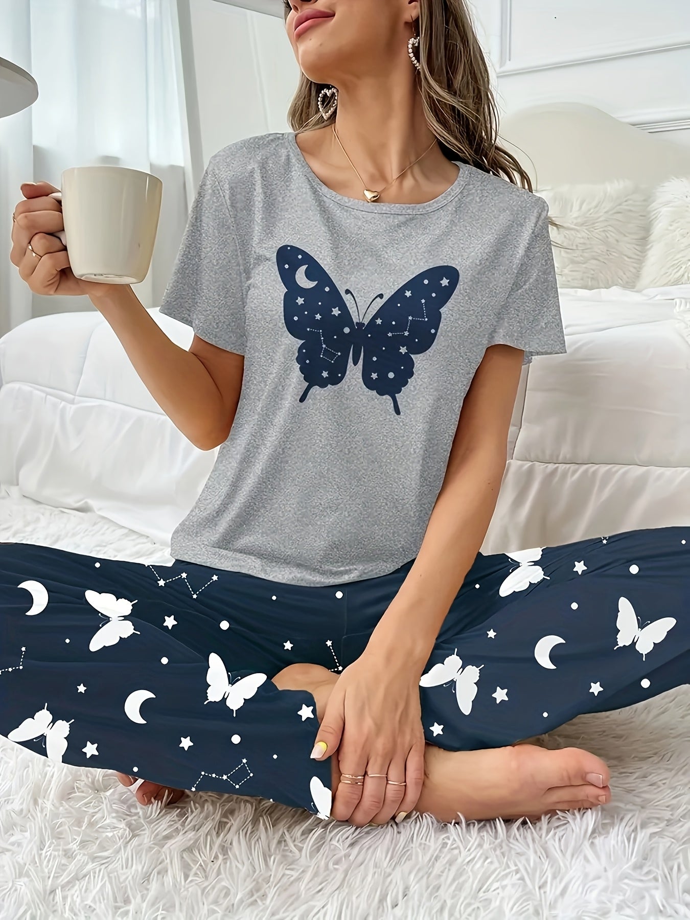 Women's 2pcs Heart & Letter Print Pajama Set for All Seasons