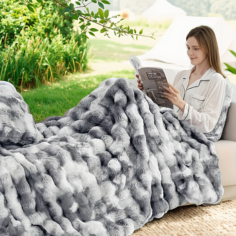 1pc Bohemian Style Reversible Faux Rabbit Fur Blanket