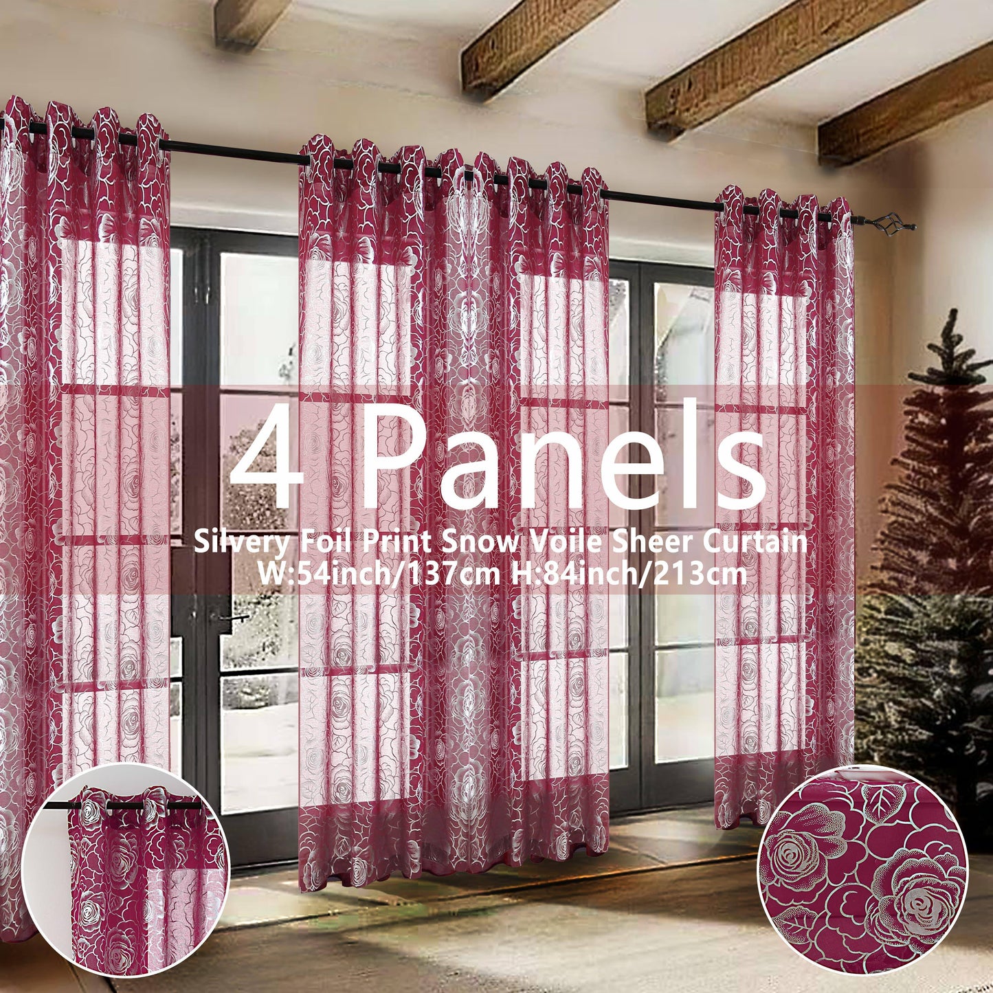 4 Panels Transparent Snow Voile Curtains Silvery Foil Printed Roses Design Living Room Bedroom Set of 4 Room Decor Home Decor