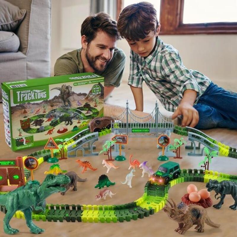 Dinosaur Toys Race Car Track with Glow-in-the-Dark Stickers