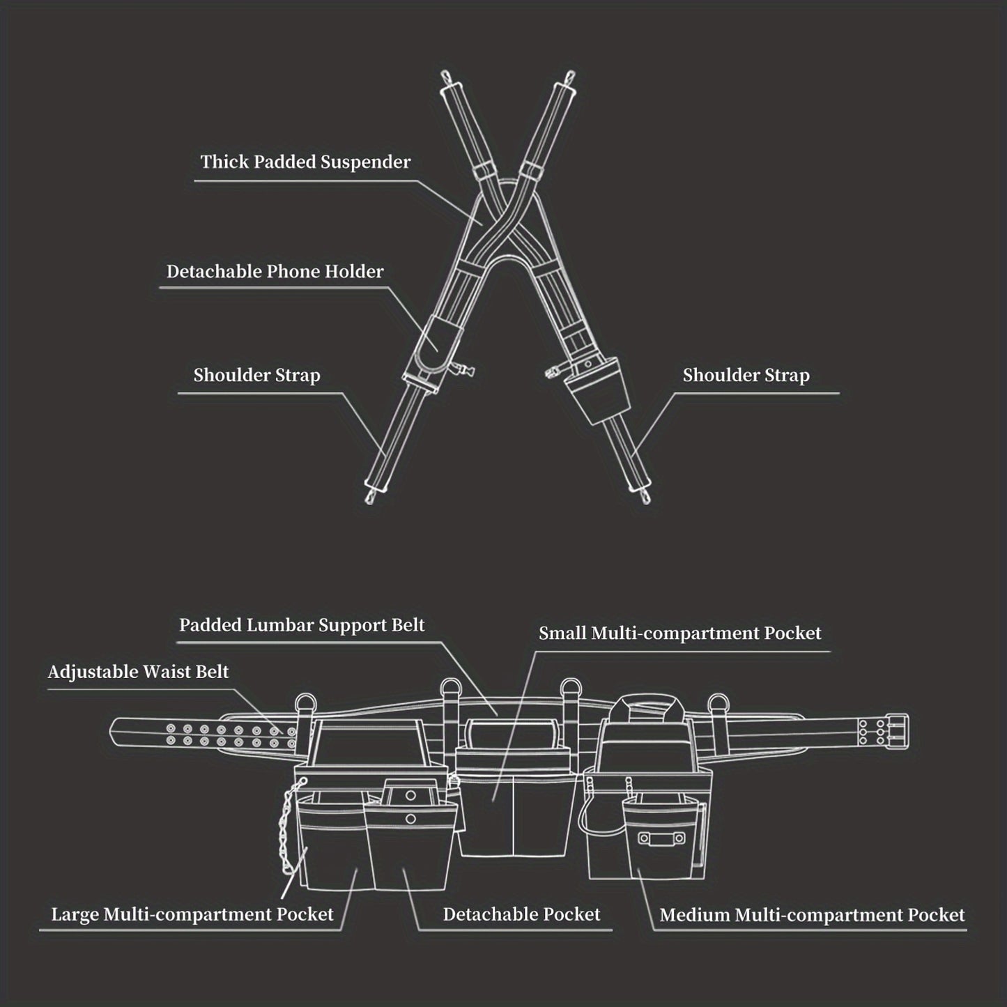 LALA IKAI Tool Belt With Suspenders 22 Pockets Nylon