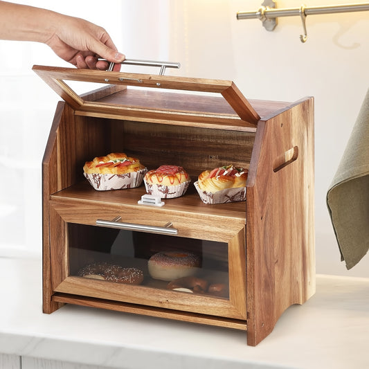2 Layer Bread Box, Large Bread Bin With Clear Door Panels, Brown