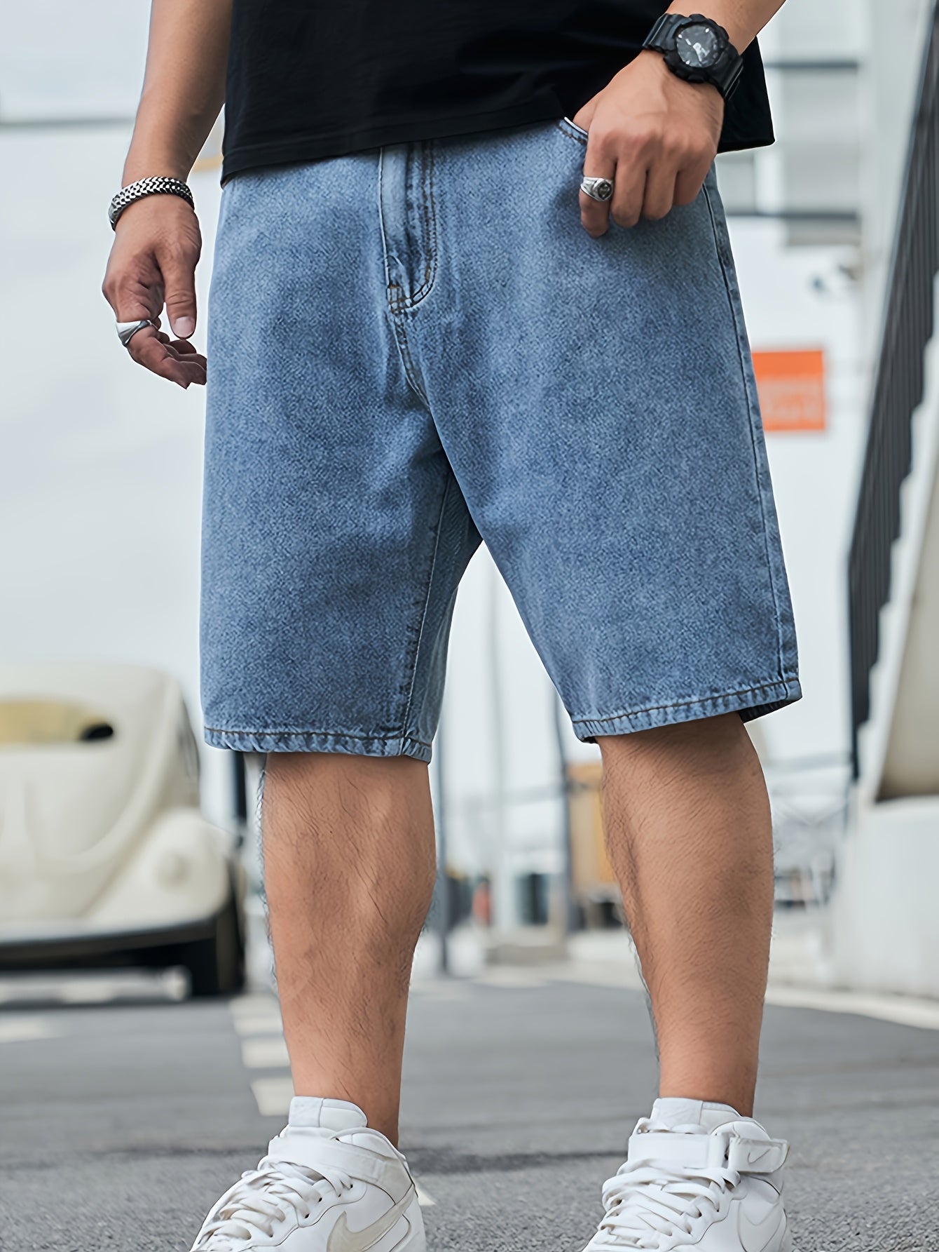 Men's Slim Fit Denim Shorts Casual Mid-Length Straight Leg Jeans with Pockets Cotton Blend Machine Washable Solid Color Perfect for Summer Outings Jean Shorts