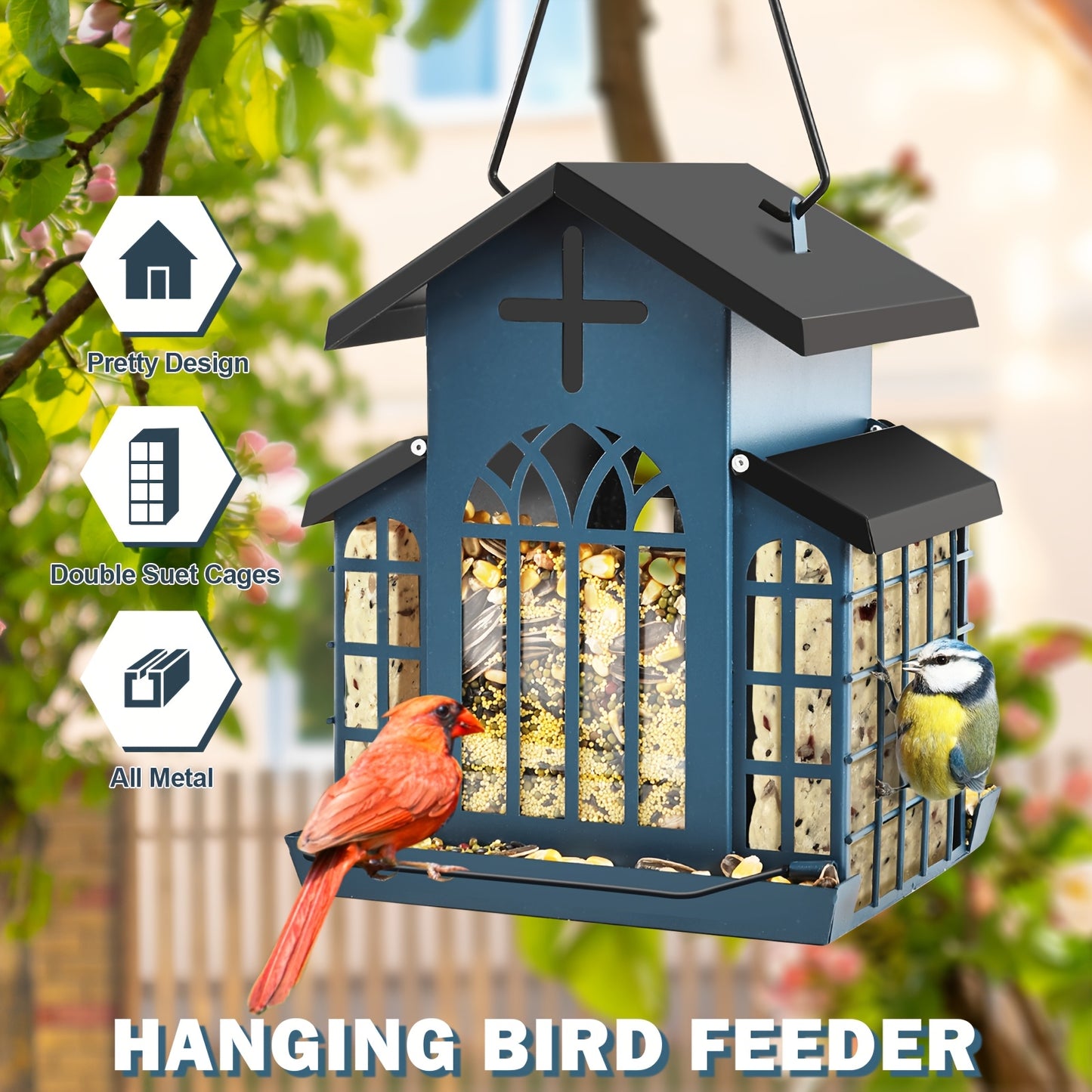 Metal Bird Feeder with Three Mesh Side Cages Large Capacity Outdoor Hanging Feeder for Cardinals Finches Chickadees Durable Weather Resistant Design