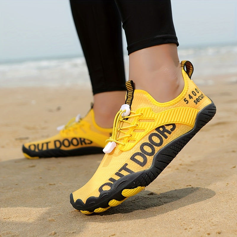 Men's Non Slip Breathable Water Shoes Lightweight Upper With Bright Yellow And Black Letter Print Rubber Sole Suitable For Outdoor And Casual Wear Modern Sports Shoes Durable Rubber Outsole High Quality Footwear