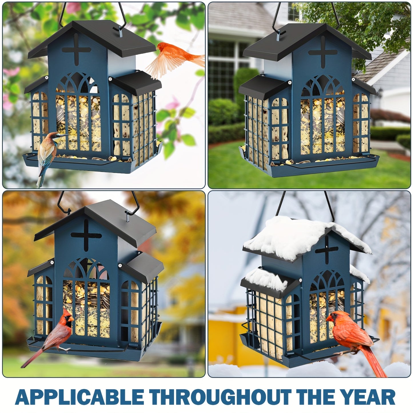 Metal Bird Feeder with Three Mesh Side Cages Large Capacity Outdoor Hanging Feeder for Cardinals Finches Chickadees Durable Weather Resistant Design