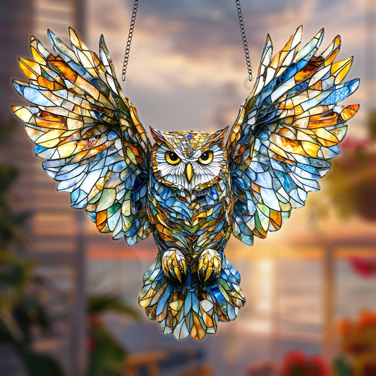 1pc Stained Glass Owl Suncatcher 6.7 Inch X 8 Inch Plastic Animal Theme Hanging Decoration Perfect for Christmas Home and Office Murals Unique Birthday and Anniversary Gift for Her Holiday Room and Outdoor Decor