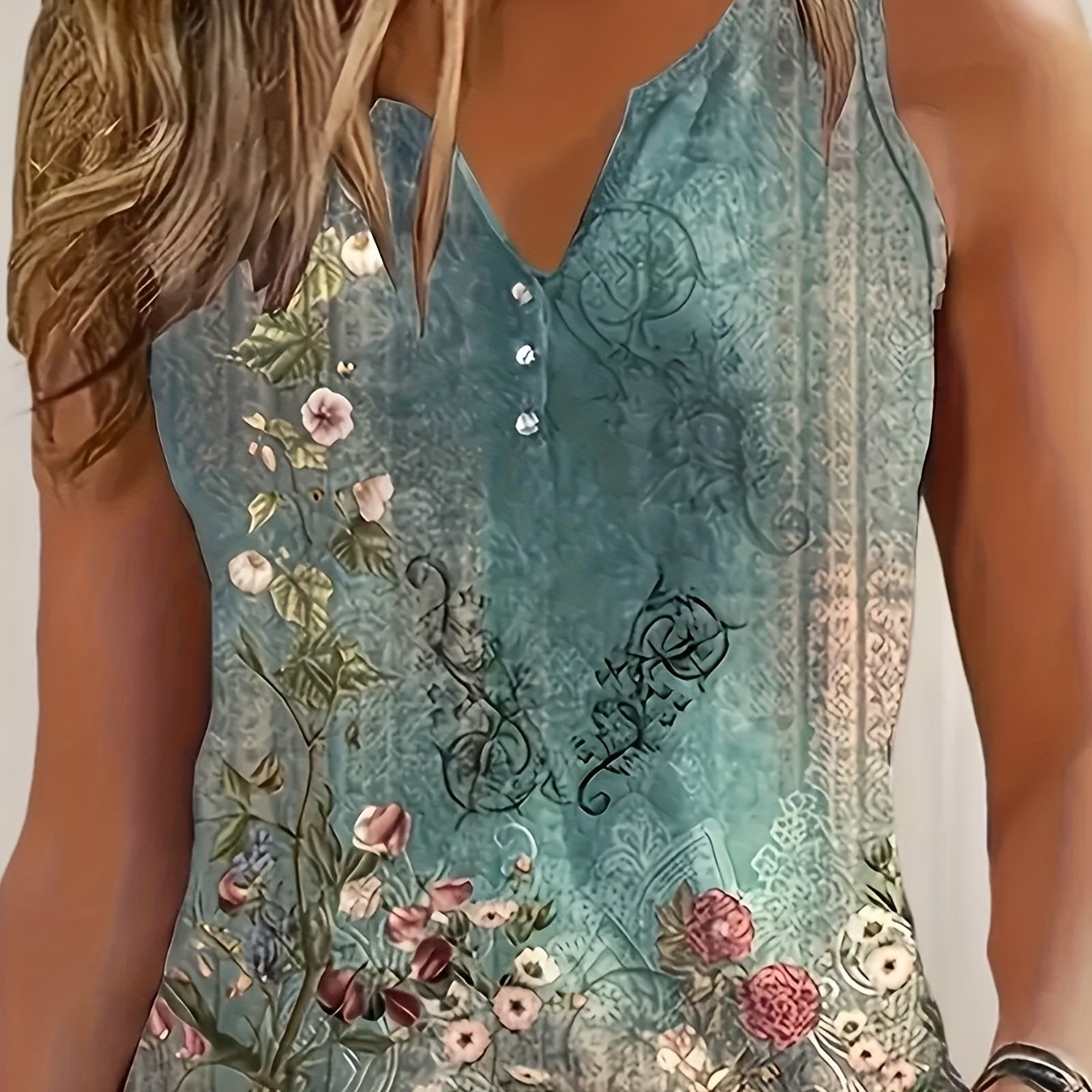 Women's Floral Print V-Neck Tank Top Sleeveless Blue Lace Blouse