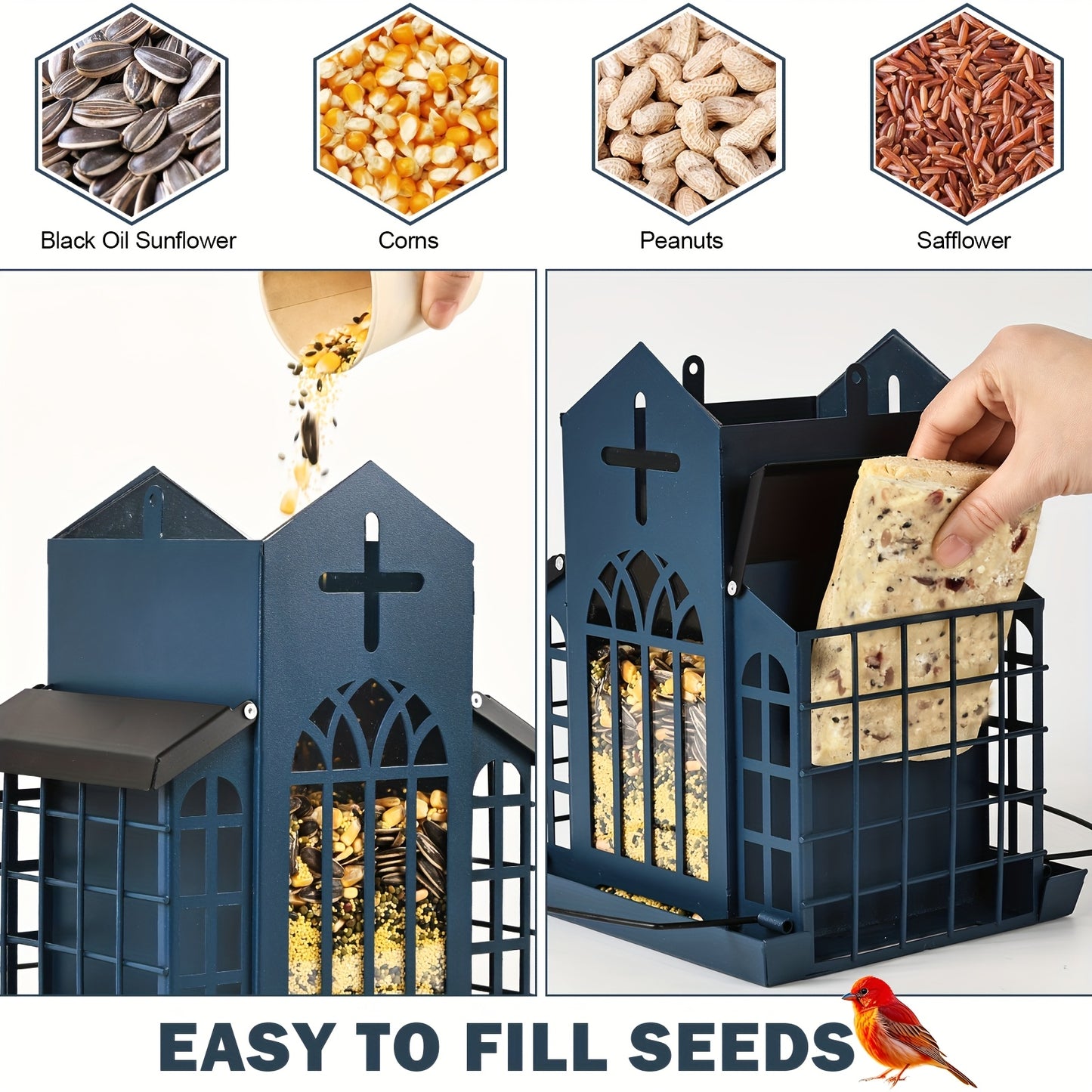 Metal Bird Feeder with Three Mesh Side Cages Large Capacity Outdoor Hanging Feeder for Cardinals Finches Chickadees Durable Weather Resistant Design