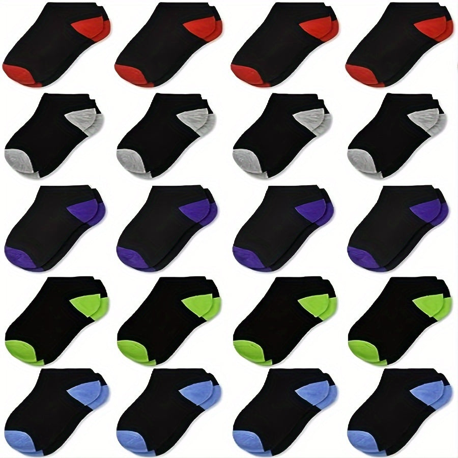 20 Pairs Of Boy's Color Block Liner Anklets Socks Comfy Breathable Non Slip Socks For Kids