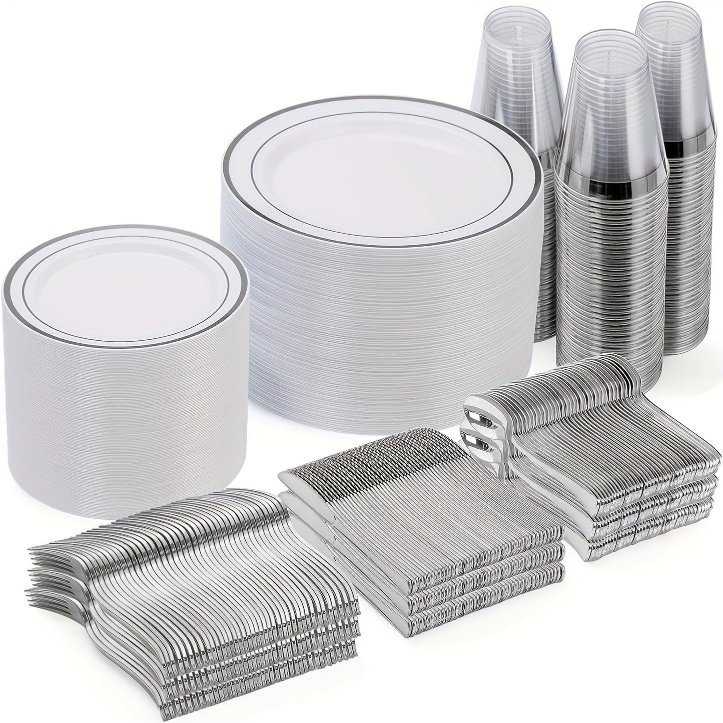 A Set Of Silvery Disposable Tableware For Weddings And Parties