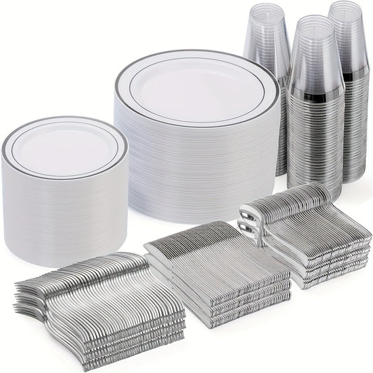 A Set Of Silvery Disposable Tableware For Weddings And Parties