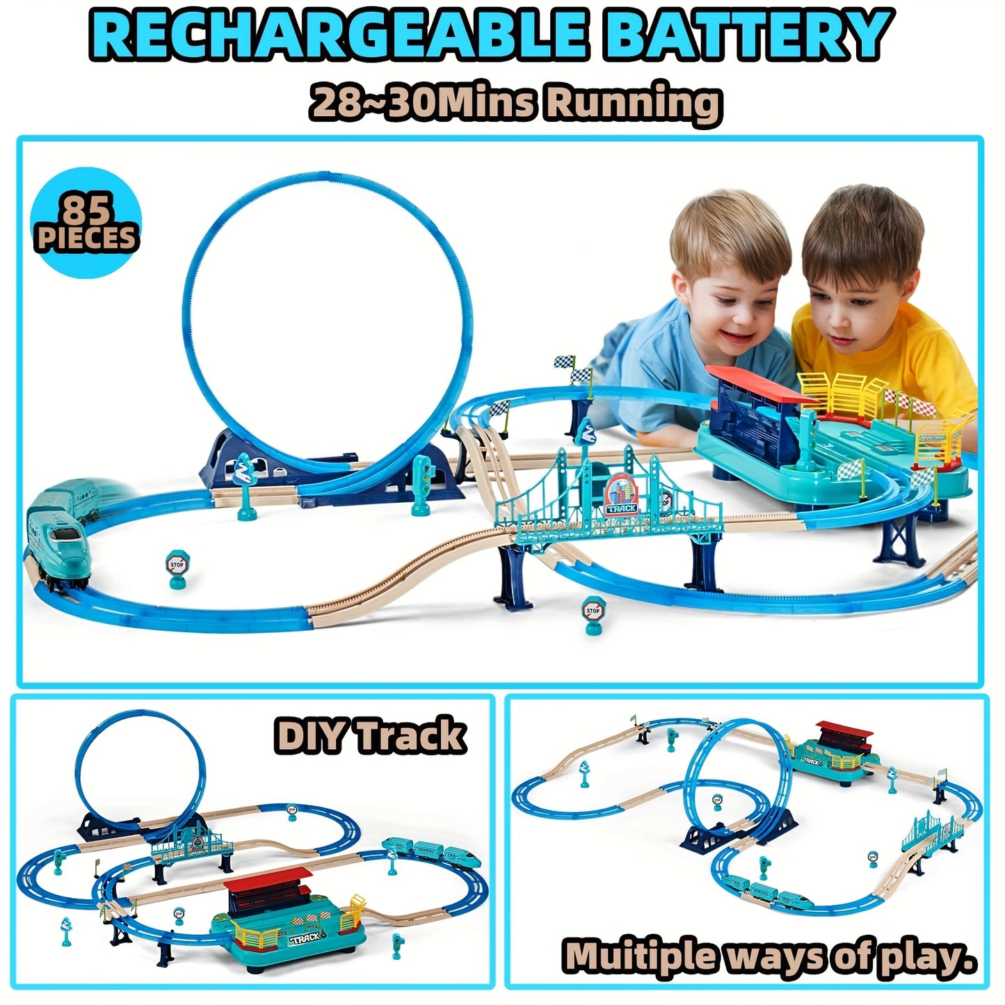 360 Degree Transformable Electric Train Set DIY Train Track Set Intercity Train Toys Track Head Passenger Car Rechargeable Lights And Sounds Birthday Gift for Boys And Girls Easter Gifts