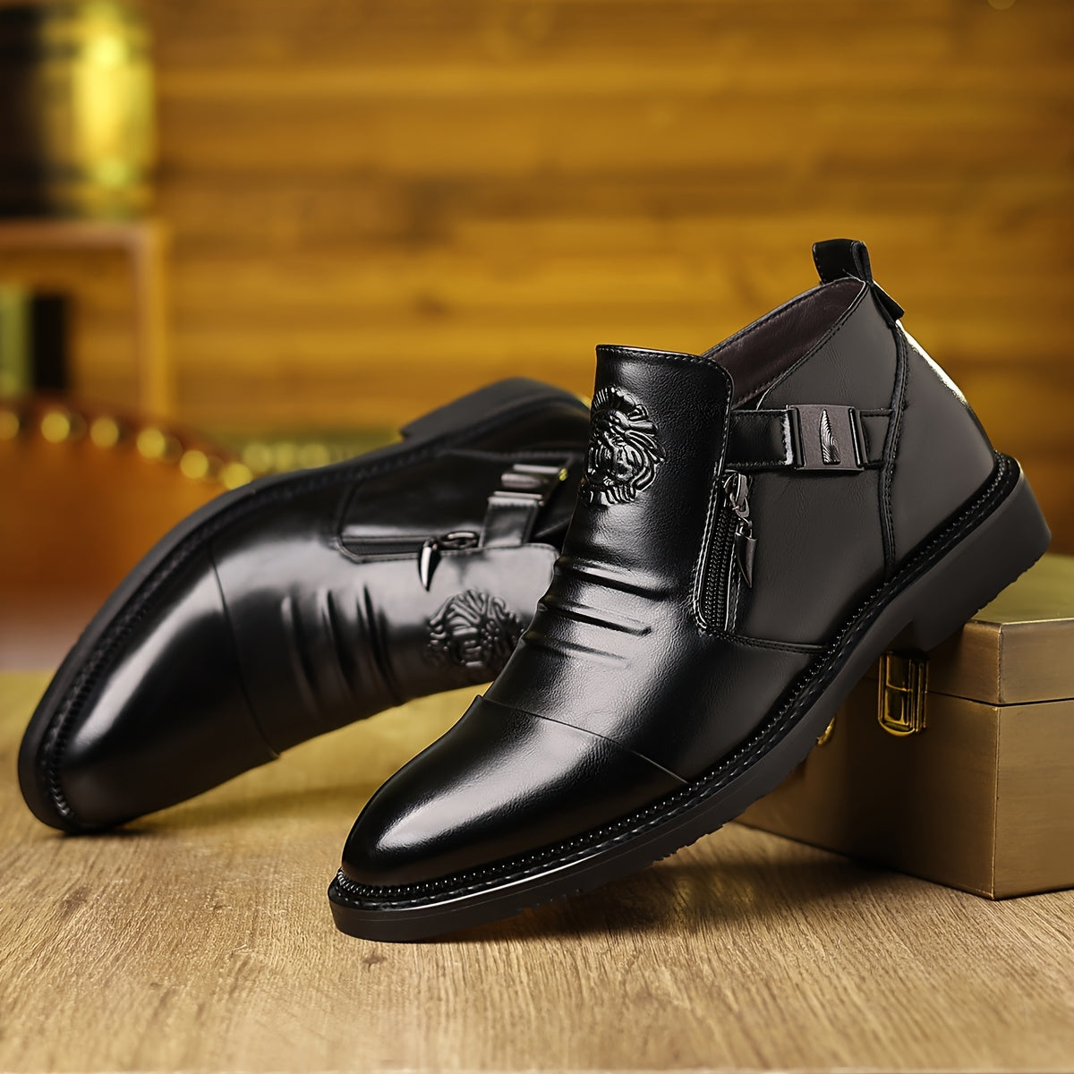 Men's Elegant Black Ankle Boots with Embossed Lion Design