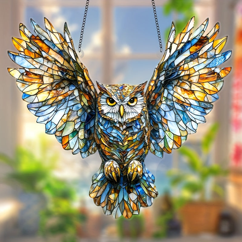 1pc Stained Glass Owl Suncatcher 6.7 Inch X 8 Inch Plastic Animal Theme Hanging Decoration Perfect for Christmas Home and Office Murals Unique Birthday and Anniversary Gift for Her Holiday Room and Outdoor Decor
