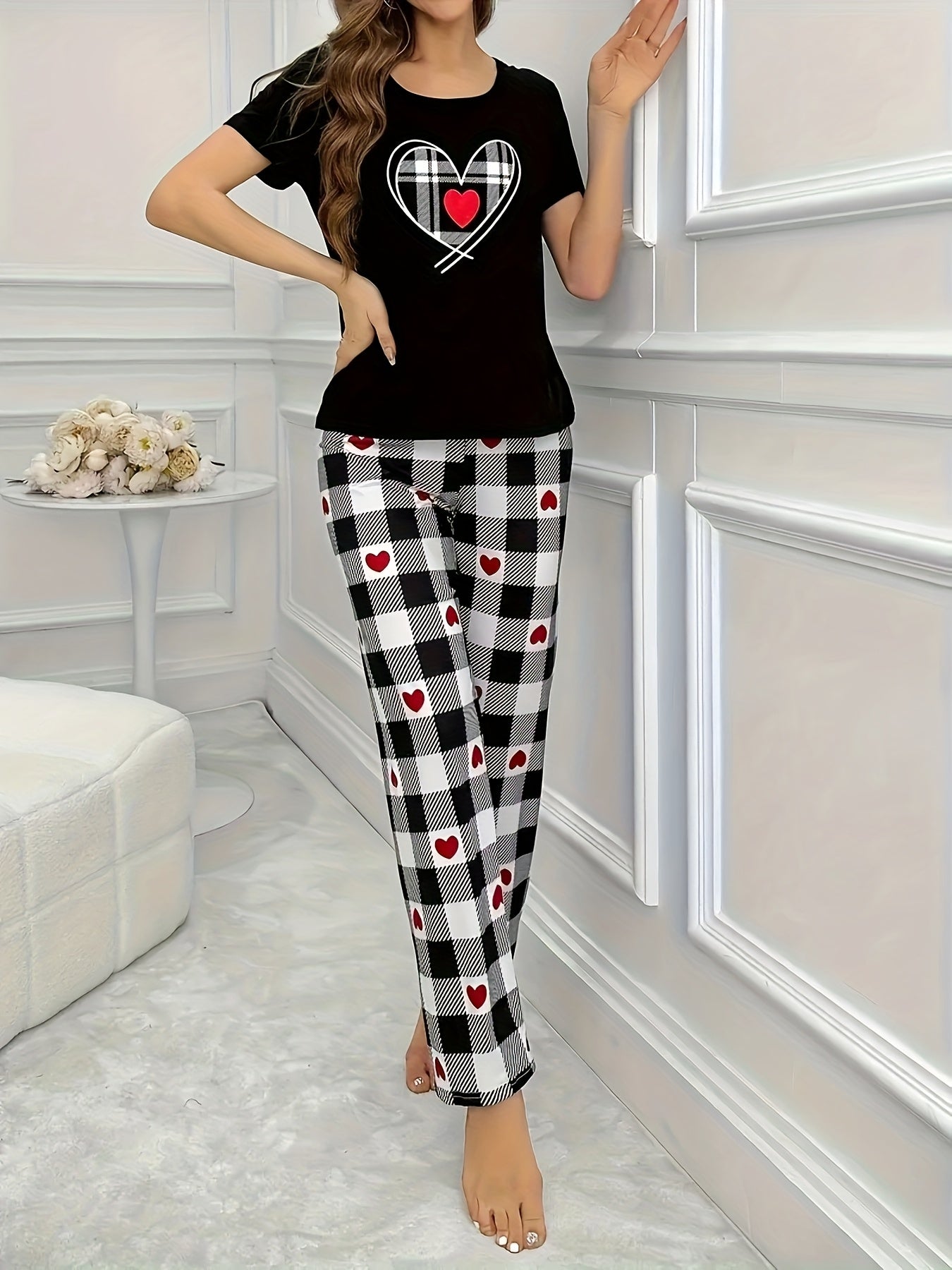 Women's 2pcs Heart & Letter Print Pajama Set for All Seasons