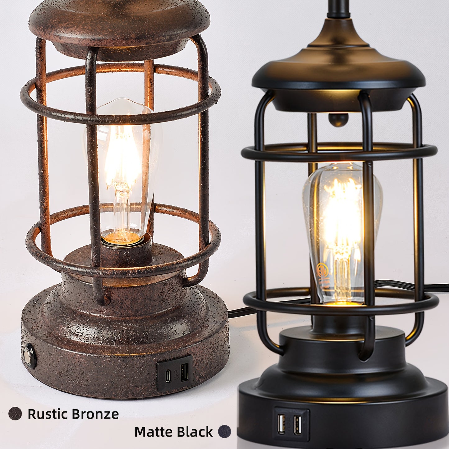 2 Set Farmhouse Table Lamps with 4 LED Bulbs 9W Bright Rotary Switch Top Light Touch Control 3 Way Dimmable Nightstand Lamps Dual USB Ports Natural Linen Shade Metal Black 22 Inch