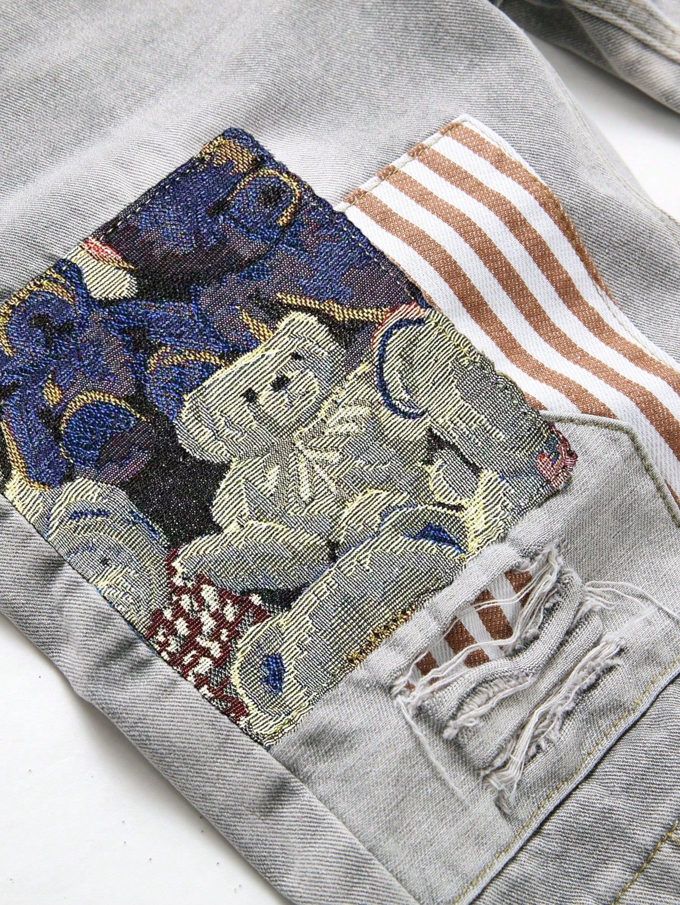 Men's Summer Casual Ripped Denim Shorts with Bear Motif and Patchwork Design Loose Fit Mid-Length Lightweight Denim Shorts with Multiple Pockets
