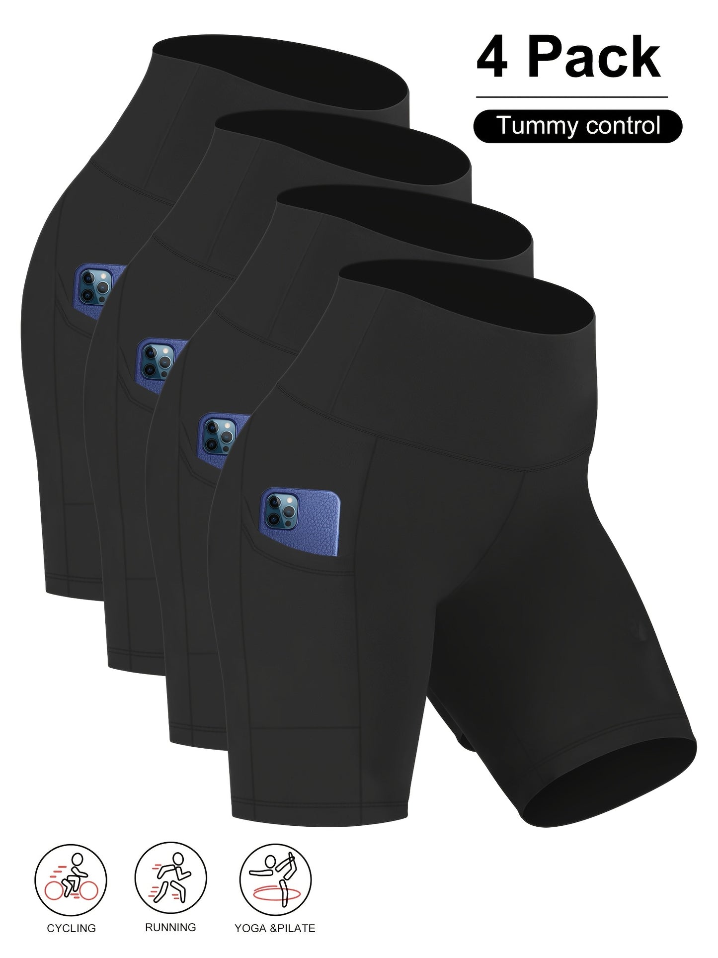 4pcs Women's Plus Size High-Waisted Yoga Shorts - Stretchy, Butt-Lifting, Quick-Dry with Pockets for Running and Cycling