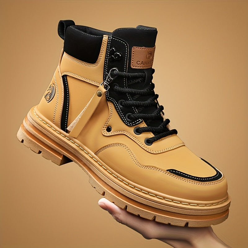 Men's Comfy Round Toe Lace Up Boots - Non-Slip Sole, Durable PU