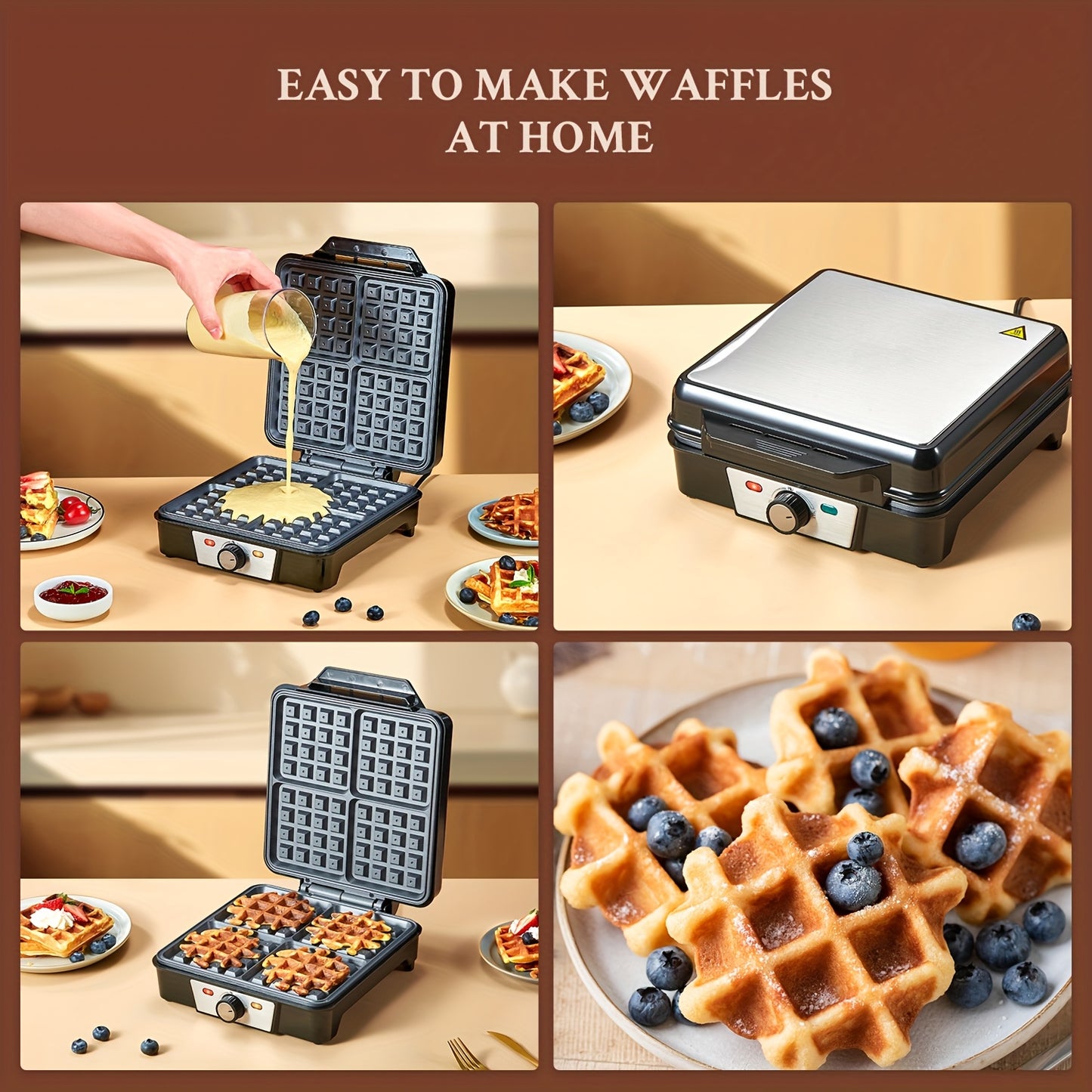 1pc Yabano 4-Slice Belgian Waffle Maker, 1200W Quick Heating