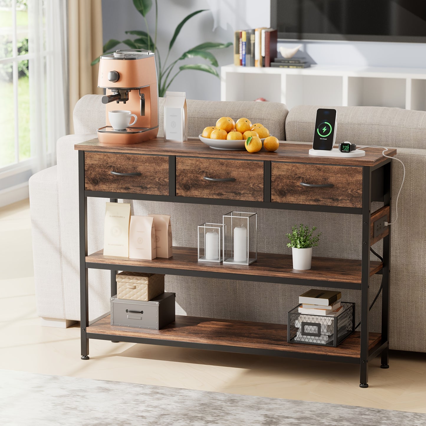 AOWOS 3-Tier Console Table with Charging Station Rustic Modern Narrow Sofa Table with Adjustable Feet and Breathable Fabric Drawers Hardwood Entryway Organizer for Hallway and Living