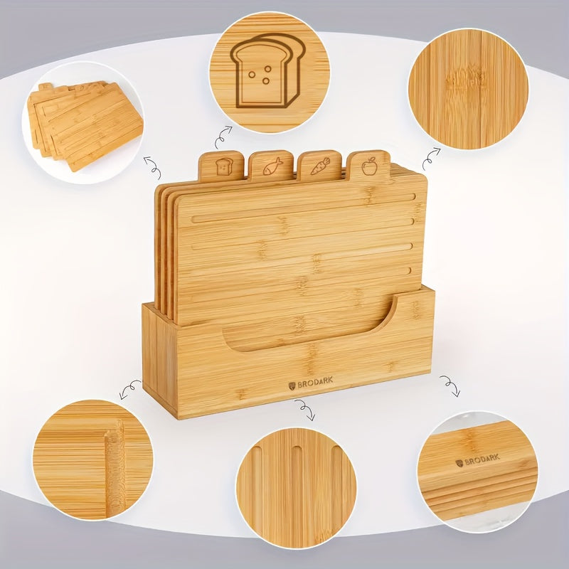 Wooden Cutting Boards For Kitchen Bamboo Cutting Board Set Of 4 With Holder Butcher Block Chopping Meat Cutting Board Built In Compartments Juice Groove With Food Icons Bread Vegetables Fruit