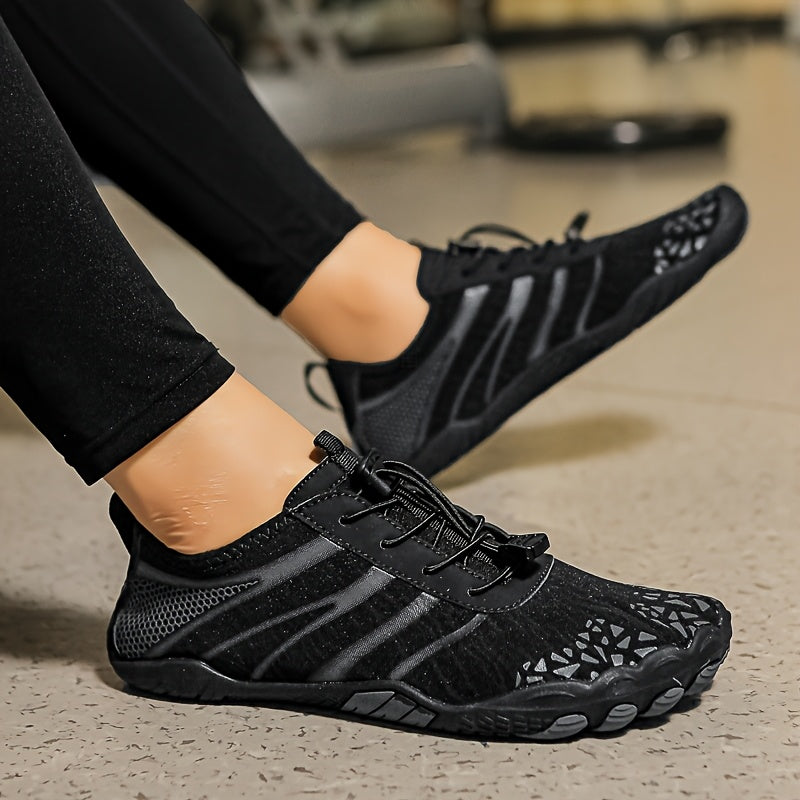 Quick Dry Men's Water Shoes with Adjustable Laces Breathable Mesh Non Slip Rubber Sole Versatile for Yoga Fitness Hiking Fishing Surfing and Cycling Blue and Black Striped